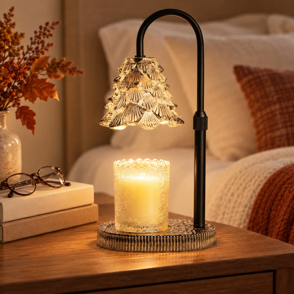 candle warmer lamp glowing on a nightstand