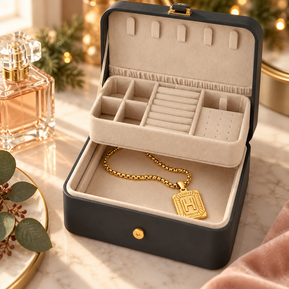 Initial Necklace + Travel Case in use