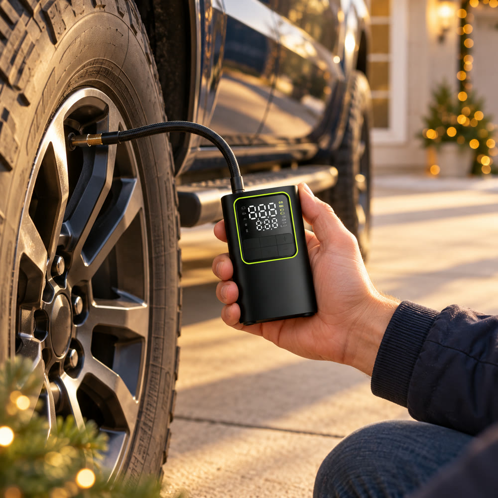 Cordless Tire Inflator in use