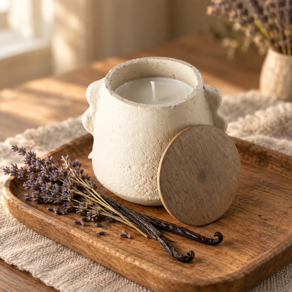 vanilla lavender candle on a tray